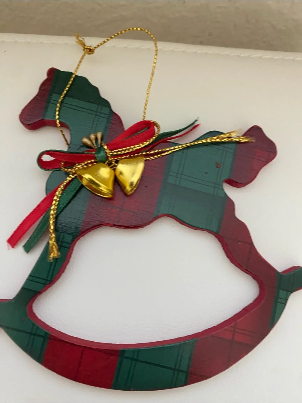 Vintage Wooden Christmas Ornaments Plaid Tartan Set of 4 Bear Reindeer Horse 4”H